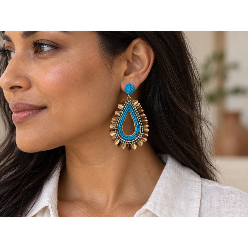 Turquoise Blue Beaded Teardrop Earrings Gold Tone Petal Fringe Boho Statement